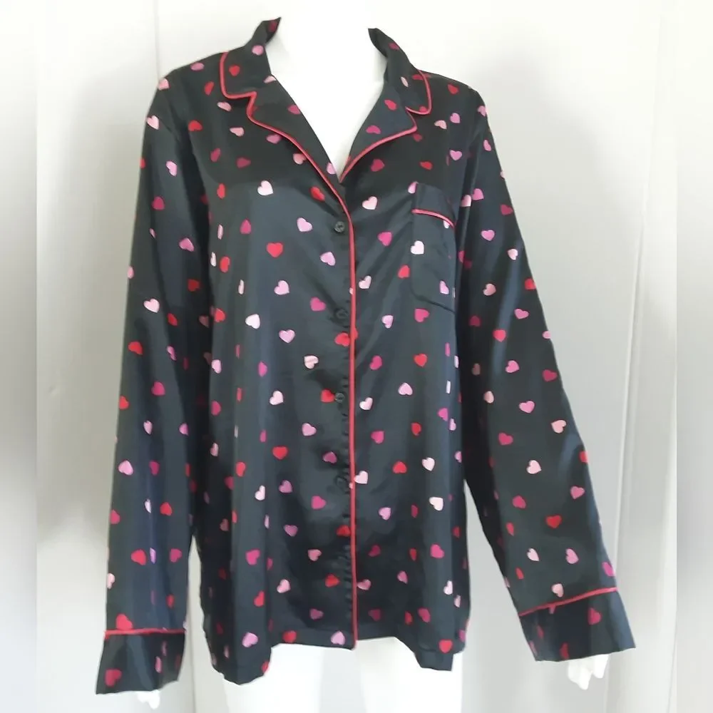 VICTORIA'S SECRET Black Satin Pink Hearts Pajama Shirt Sz XL